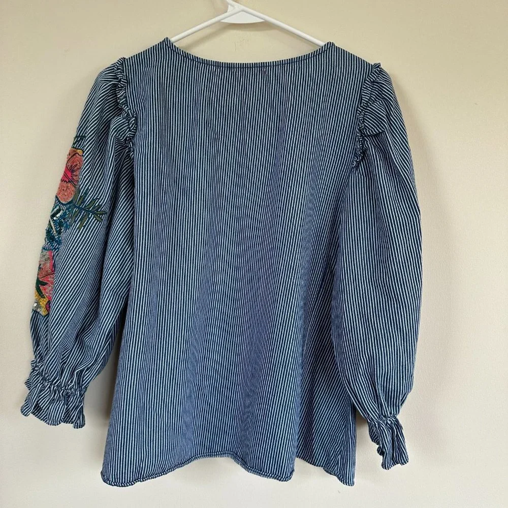 Zara Floral Embroidered Denim Striped Balloon Puff Sleeve Top SMALL - Picture 8 of 12